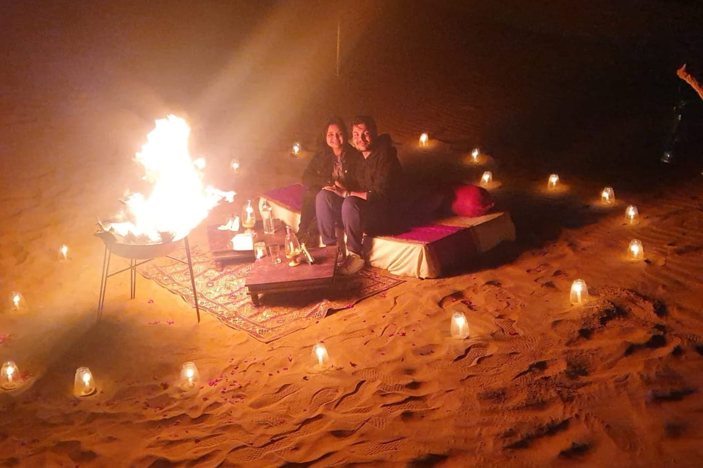 Stunning fireworks arrangements at Sam Sand Dunes Under Open Sky at Night by Jaisalmer Custm Tent Expert Exotic Luxury Camps